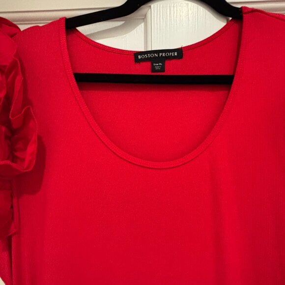 Boston Proper | Ruffle Sleeve | Knit, Ribbed, Ruched, Red Maxi | XL - Picture 6 of 7